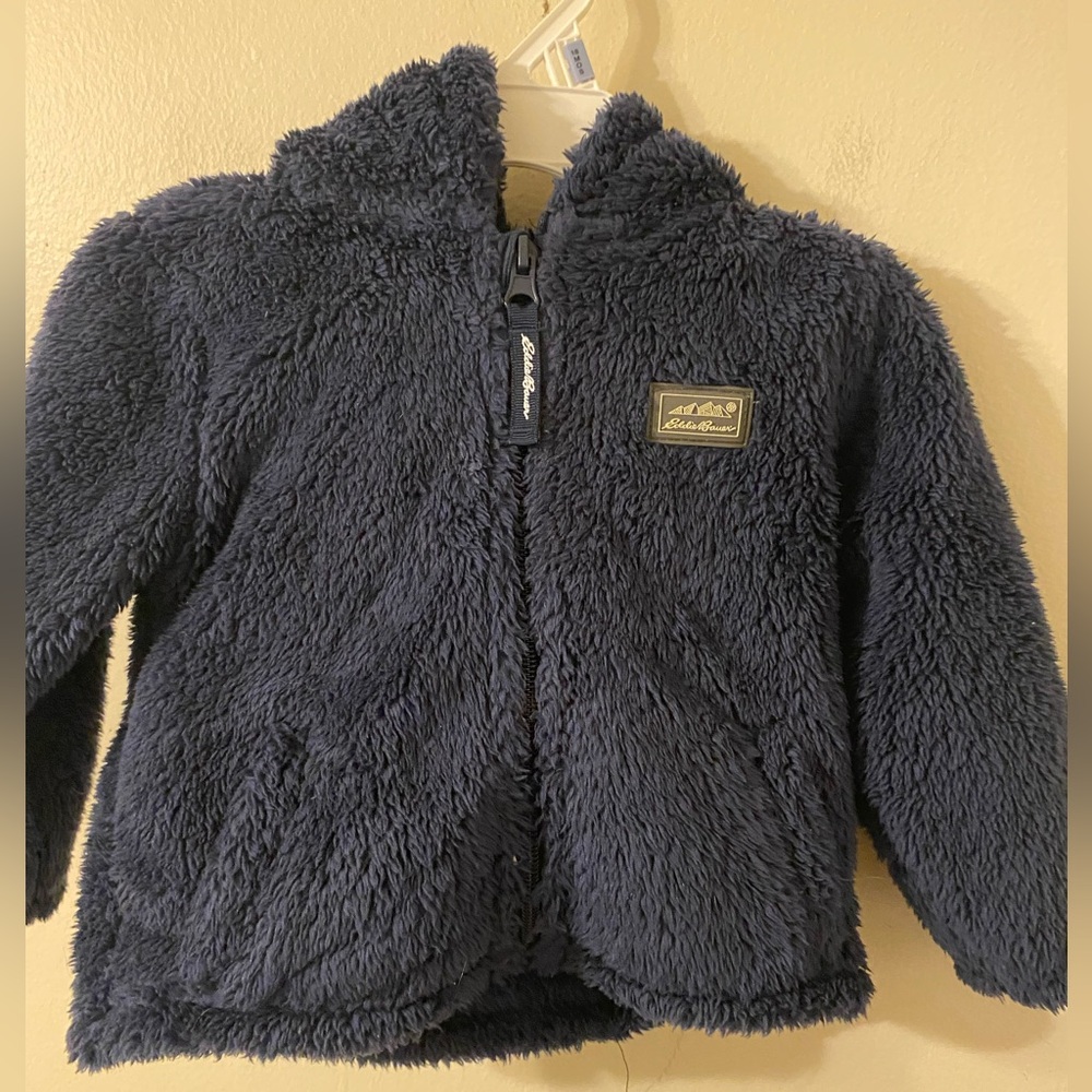 Eddie Bauer Infant Teddy Bear Fleece Quest Hooded Jacket Navy Blue 12 Months‎